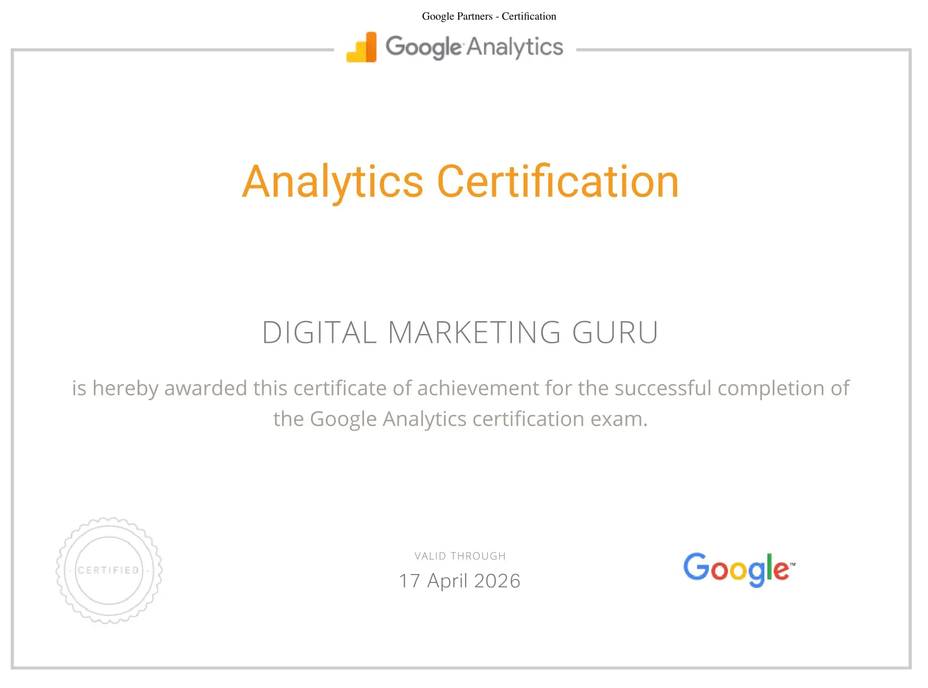 Goole Partner Analytics Certificate