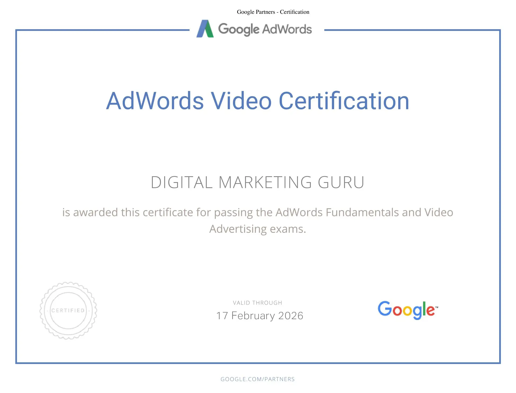 Goole Partner Video Certificate