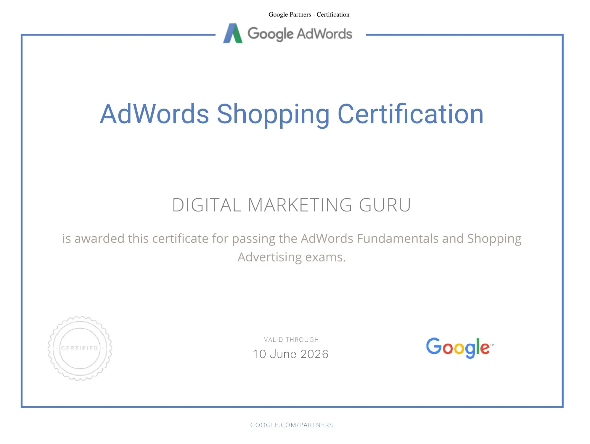 Goole Partner Shopping Certificate